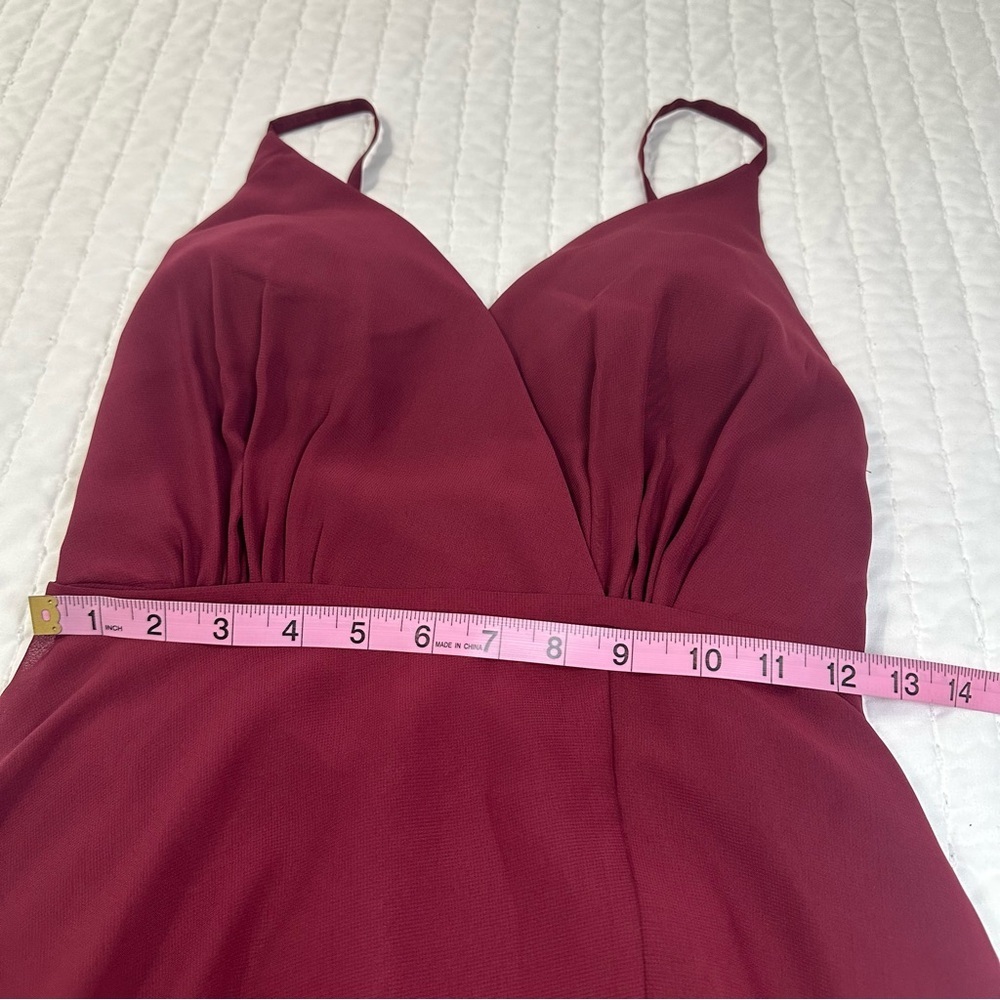 JJ HOUSE Floor Length Bridesmaid Gown in Burgundy With Slit And Low Back Size 0 - Picture 9 of 16